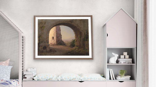 A View in Cuernavaca, Mexico, c. 1898-1900 by Frederic Edwin Church, shown at 30 × 40 in (76.2 × 101.6 cm) in Arber Light Walnut, bedroom [arteriel-render:v6:room_a:30x40@41,43]