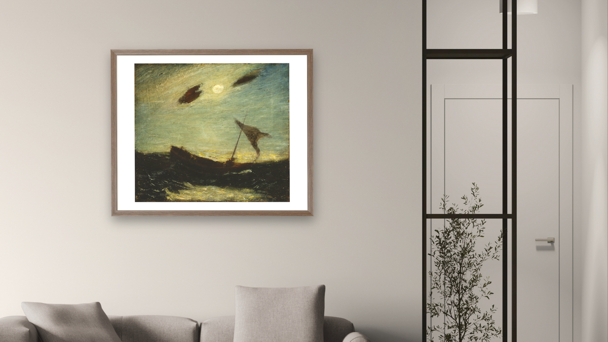 Moonlight by Albert Pinkham Ryder, shown at 32 × 40 in (81.3 × 101.6 cm) in Arber Light Walnut, living