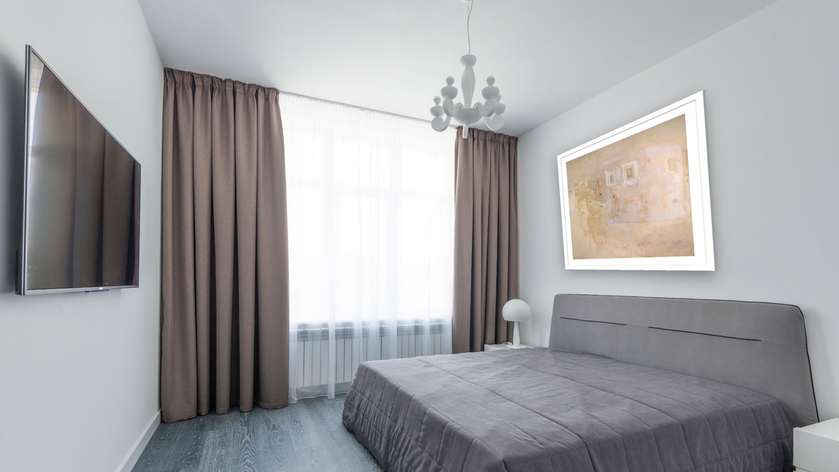 Paysage Cappadoce, shown at 32 × 32 in (81.3 × 81.3 cm) in Arber Light Walnut, bedroom