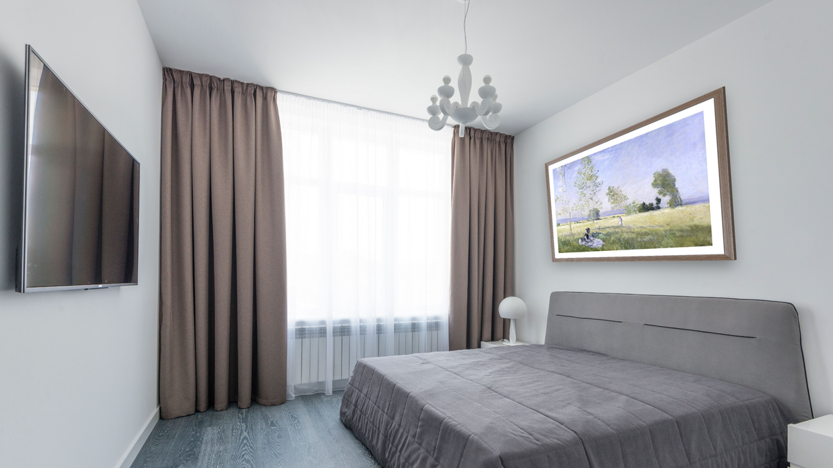 L'Ete (Summer) by Claude Monet, shown at 29 × 40 in (73.7 × 101.6 cm) in Arber Light Walnut, bedroom