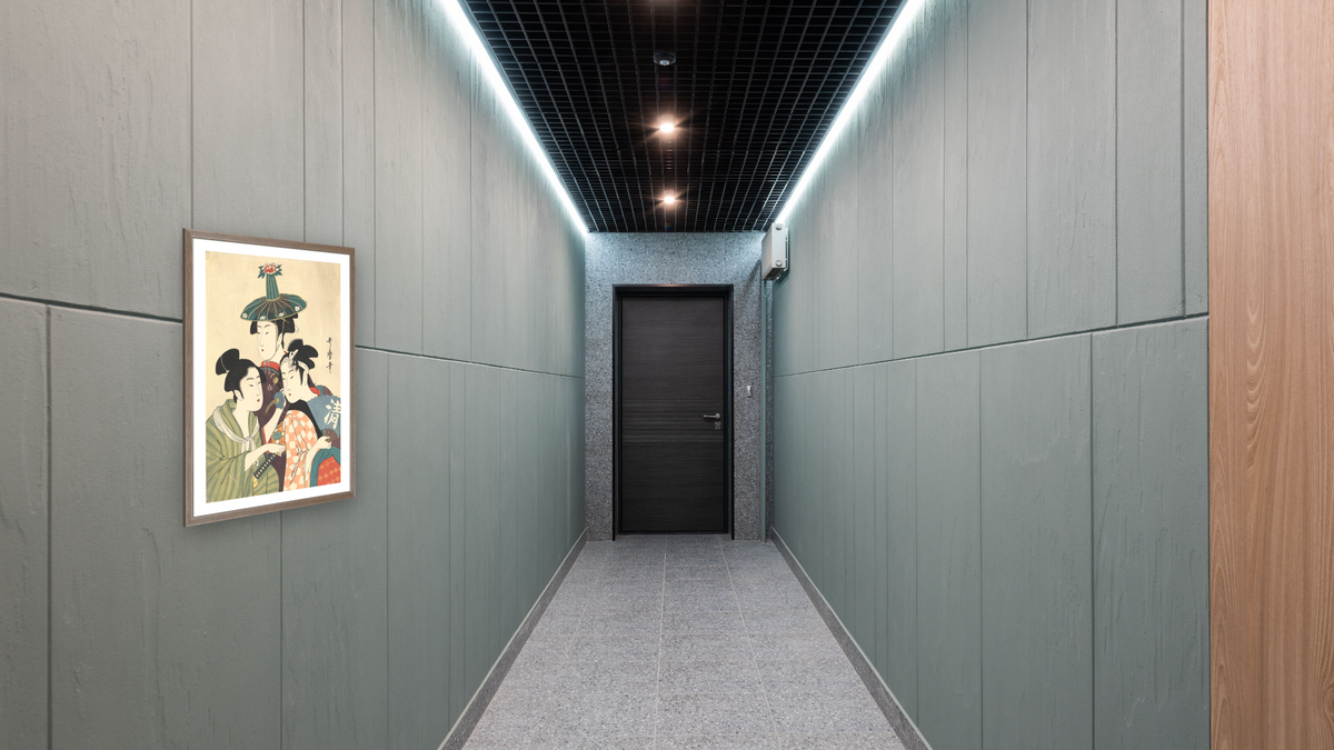 Three young men or women by Kitagawa Utamaro, shown at 30 × 40 in (76.2 × 101.6 cm) in Arber Light Walnut, hallway