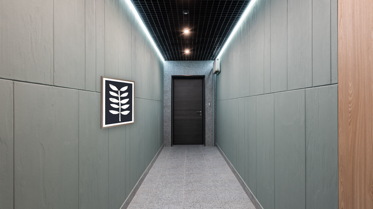 Minimal Plant 2 by Dan Hobday, shown at 30 × 42 in (76.2 × 106.7 cm) in Arber Light Walnut, hallway
