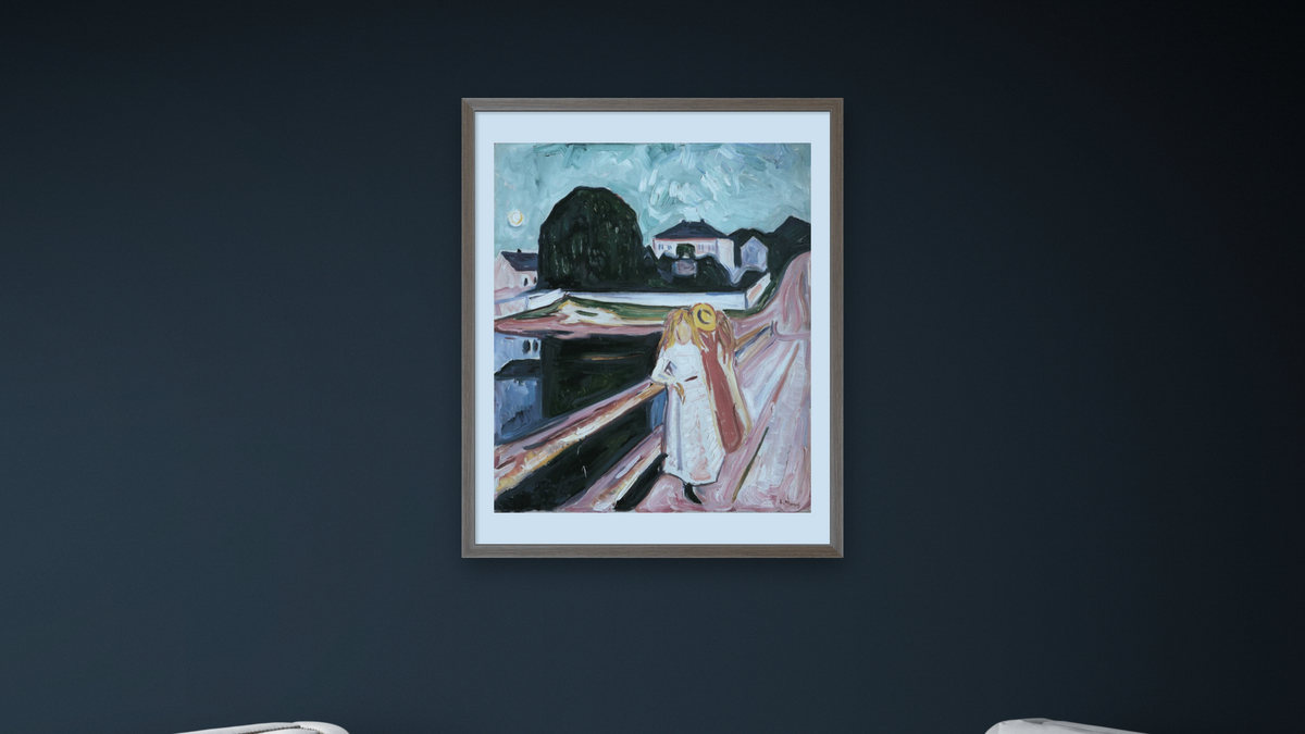 Girls on the Pier by Edvard Munch, shown at 32 × 40 in (81.3 × 101.6 cm) in Arber Light Walnut, office