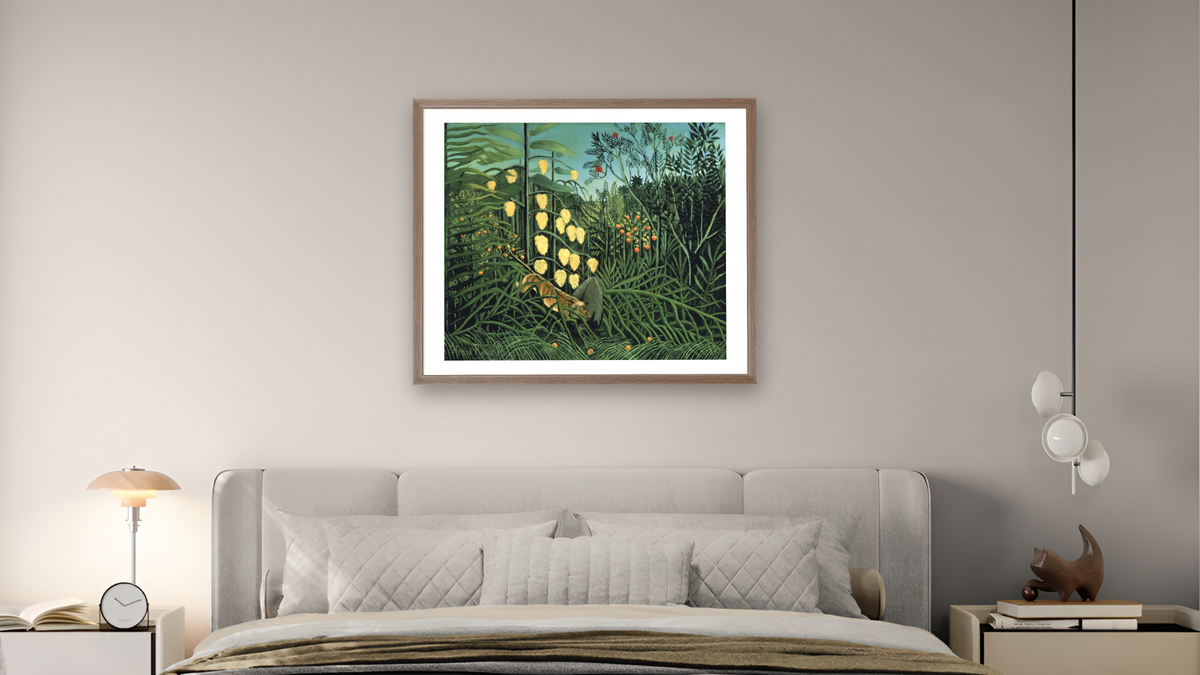Tropical Forest: Battling Tiger and Buffalo by Henri Rousseau, shown at 32 × 40 in (81.3 × 101.6 cm) in Arber Light Walnut, bedroom