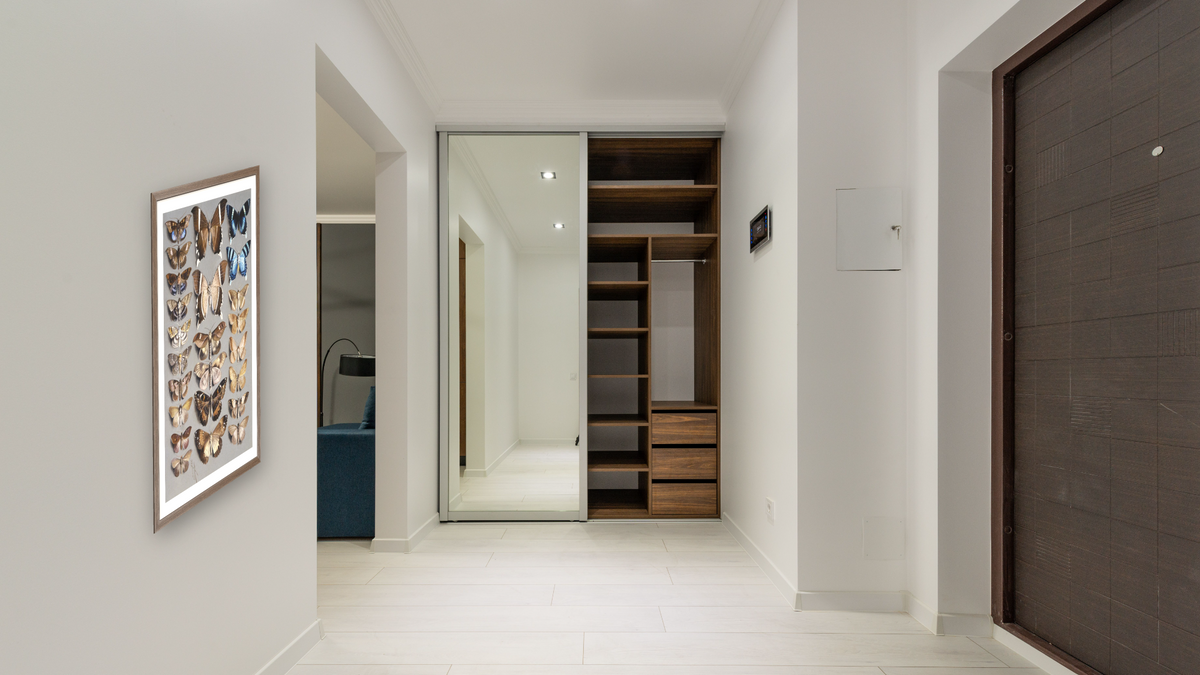 Twenty-four moths, in three columns, mostly belonging to the family Noctuidae by Marian Ellen Rowan, shown at 28 × 42 in (71.1 × 106.7 cm) in Arber Light Walnut, hallway