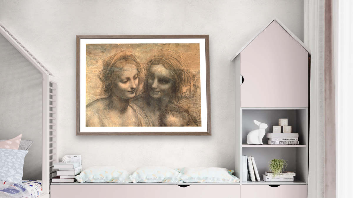 Detail of the Heads of the Virgin and St. Anne, from The Virgin and Child with SS. Anne and John the Baptist by Leonardo da Vinci, shown at 30 × 40 in (76.2 × 101.6 cm) in Arber Light Walnut, bedroom