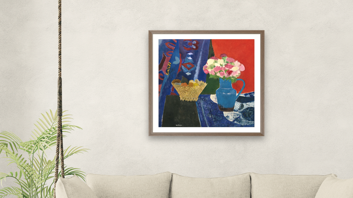 Bouquet Rose et Corbeille de Fruits by Guy Bardone, shown at 32 × 32 in (81.3 × 81.3 cm) in Arber Light Walnut, living