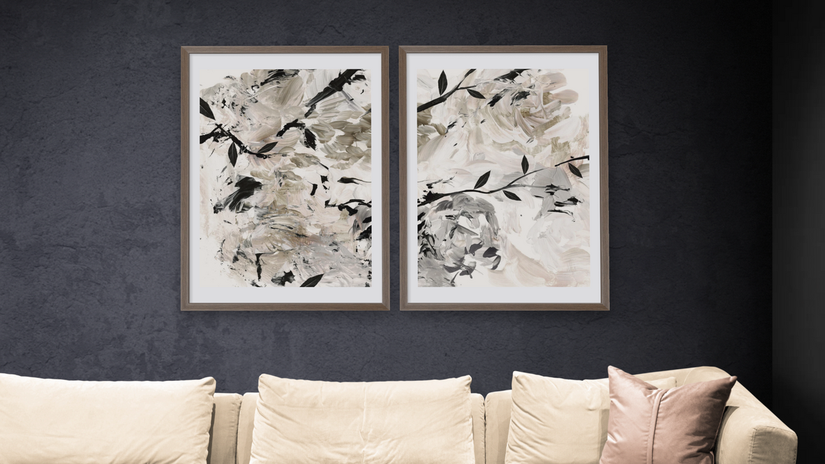 Diptych — Fall Forest 1 × Fall Forest 2, shown at 28 × 42 in (71.1 × 106.7 cm) in Arber Light Walnut, living
