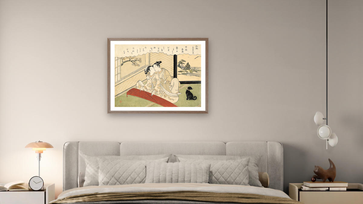 Geese descending on the Koto Bridges, illustration from the series 'Eight fashionable parlour views', shown at 30 × 40 in (76.2 × 101.6 cm) in Arber Light Walnut, bedroom
