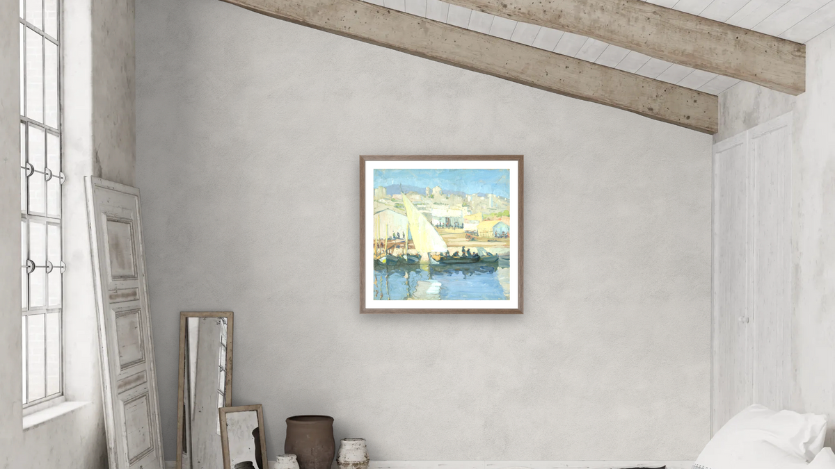 Harbor Scene by Jane Peterson, shown at 32 × 32 in (81.3 × 81.3 cm) in Arber Light Walnut, bedroom