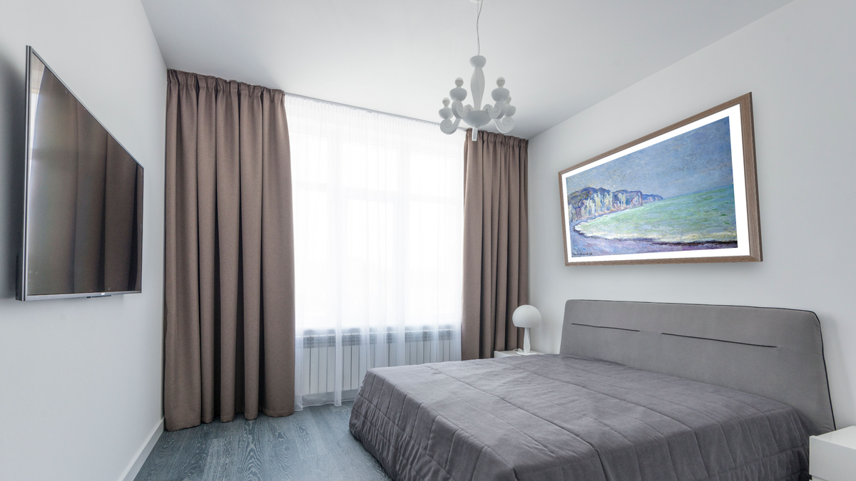 Cliffs at Pourville by Claude Monet, shown at 27 × 42 in (68.6 × 106.7 cm) in Arber Light Walnut, bedroom