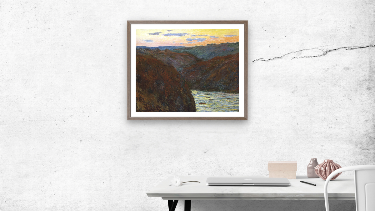 La Creuse, Sunset by Claude Monet, shown at 32 × 40 in (81.3 × 101.6 cm) in Arber Light Walnut, office
