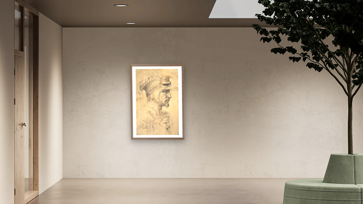 Ideal head of a warrior by Michelangelo Buonarroti, shown at 28 × 42 in (71.1 × 106.7 cm) in Arber Light Walnut, office