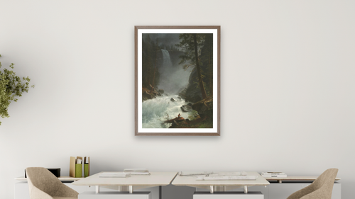 A Stream in the Rocky Mountains by Albert Bierstadt, shown at 30 × 40 in (76.2 × 101.6 cm) in Arber Light Walnut, office [arteriel-render:v6:room_a:30x40@50,41]