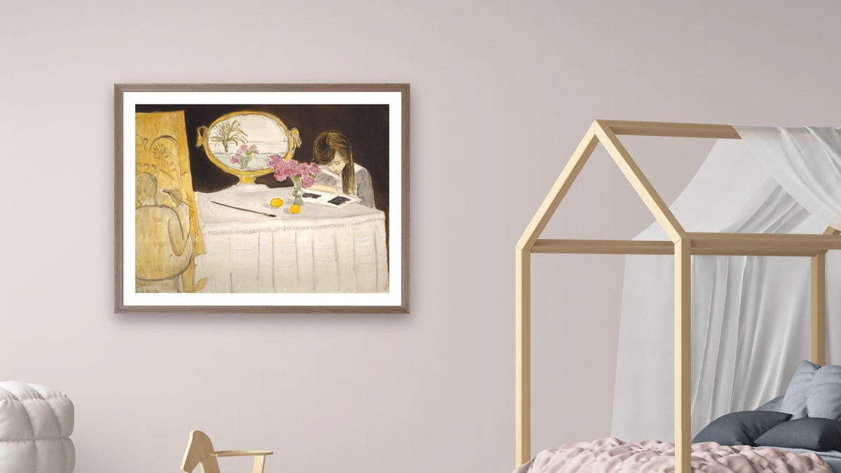 La Leçon de peinture or La Séance de peinture [The Painting Lesson or The Painting Session] by Henri Matisse, shown at 32 × 40 in (81.3 × 101.6 cm) in Arber Light Walnut, bedroom