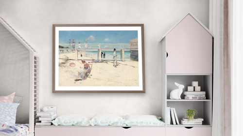 A Holiday at Mentone by Charles Conder, shown at 30 × 40 in (76.2 × 101.6 cm) in Arber Light Walnut, bedroom [arteriel-render:v6:room_a:30x40@41,43]