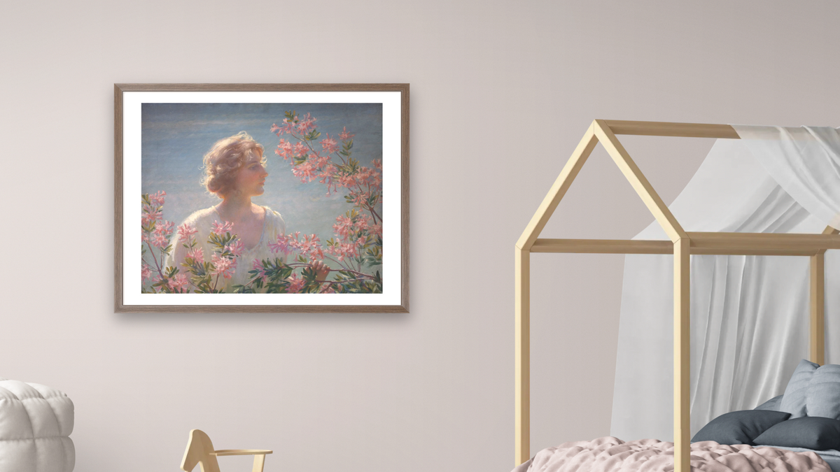The Breath of the Wild Azalea by Charles Courtney Curran, shown at 32 × 40 in (81.3 × 101.6 cm) in Arber Light Walnut, bedroom
