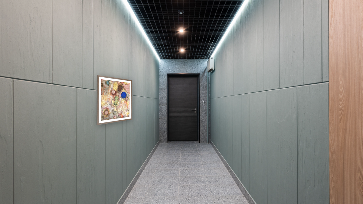 Magic Garden (Zaubergarten) by Paul Klee, shown at 32 × 40 in (81.3 × 101.6 cm) in Arber Light Walnut, hallway