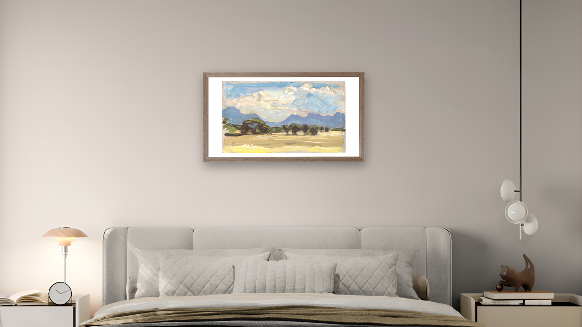 Sketch of Serengeti by Jane Peterson, shown at 20 × 40 in (50.8 × 101.6 cm) in Arber Light Walnut, bedroom