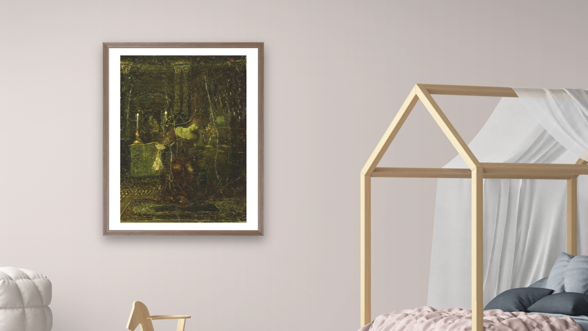 Desdemona by Albert Pinkham Ryder, shown at 30 × 40 in (76.2 × 101.6 cm) in Arber Light Walnut, bedroom