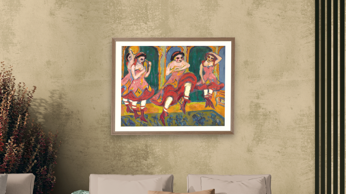 Czardas Dancers by Ernst Ludwig Kirchner, shown at 30 × 40 in (76.2 × 101.6 cm) in Arber Light Walnut, living