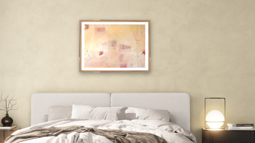43rd Time’s a Charm by Katherine Bello, shown at 30 × 40 in (76.2 × 101.6 cm) in Arber Light Walnut, bedroom [arteriel-render:v6:room_a:30x40@45,32]
