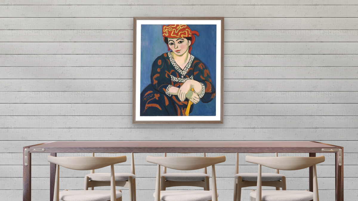 Red Madras Headdress (Le Madras rouge) by Henri Matisse, shown at 32 × 40 in (81.3 × 101.6 cm) in Arber Light Walnut, dining