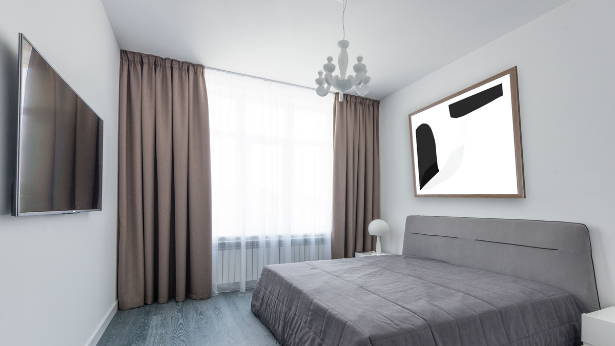 Minimal Shapes 1 by Dan Hobday, shown at 32 × 32 in (81.3 × 81.3 cm) in Arber Light Walnut, bedroom