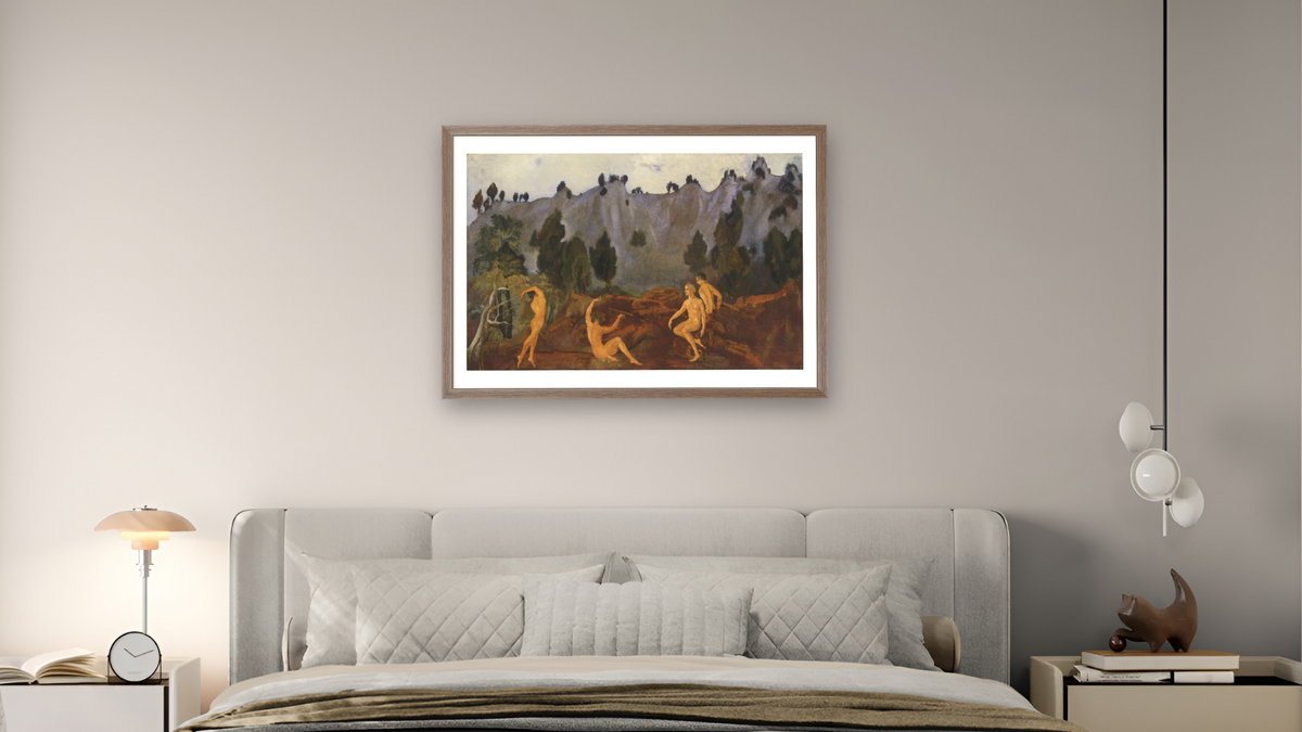 The Hesitation of Orestes by Arthur Bowen Davies, shown at 28 × 42 in (71.1 × 106.7 cm) in Arber Light Walnut, bedroom