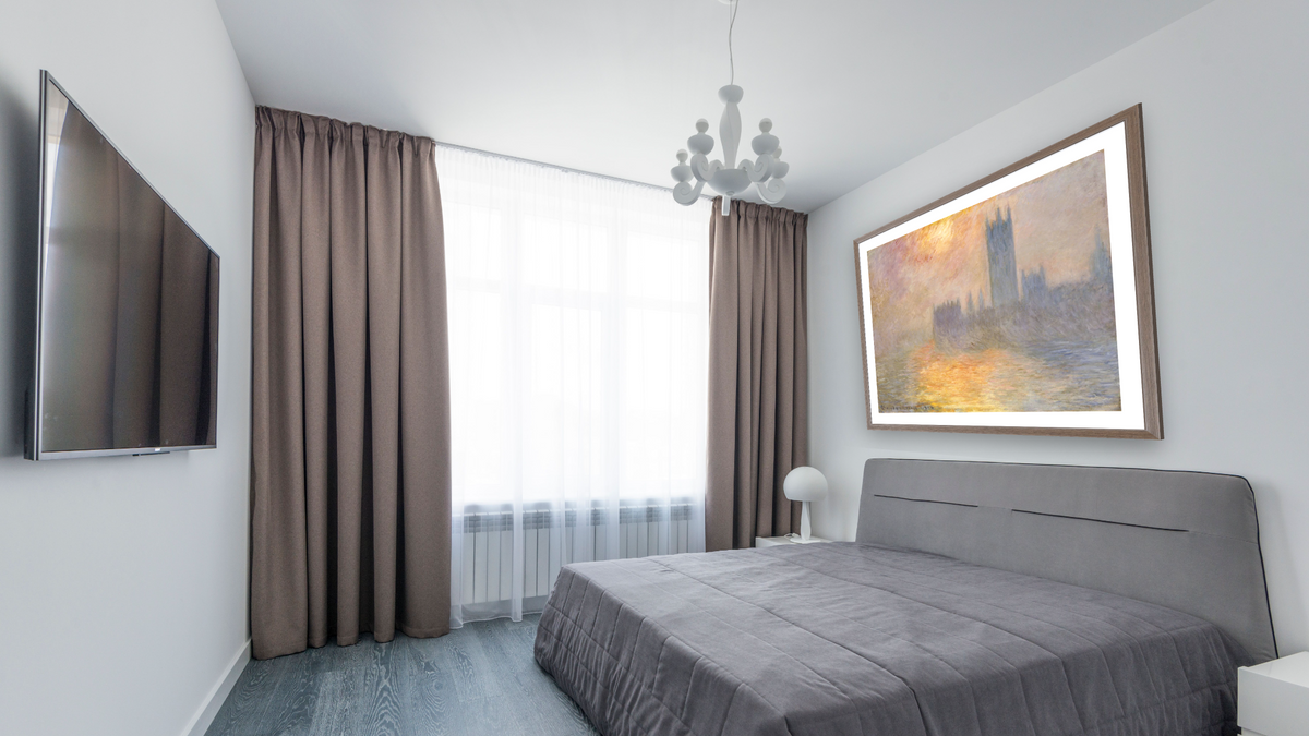 Parliament at Sunset by Claude Monet, shown at 36 × 40 in (91.4 × 101.6 cm) in Arber Light Walnut, bedroom