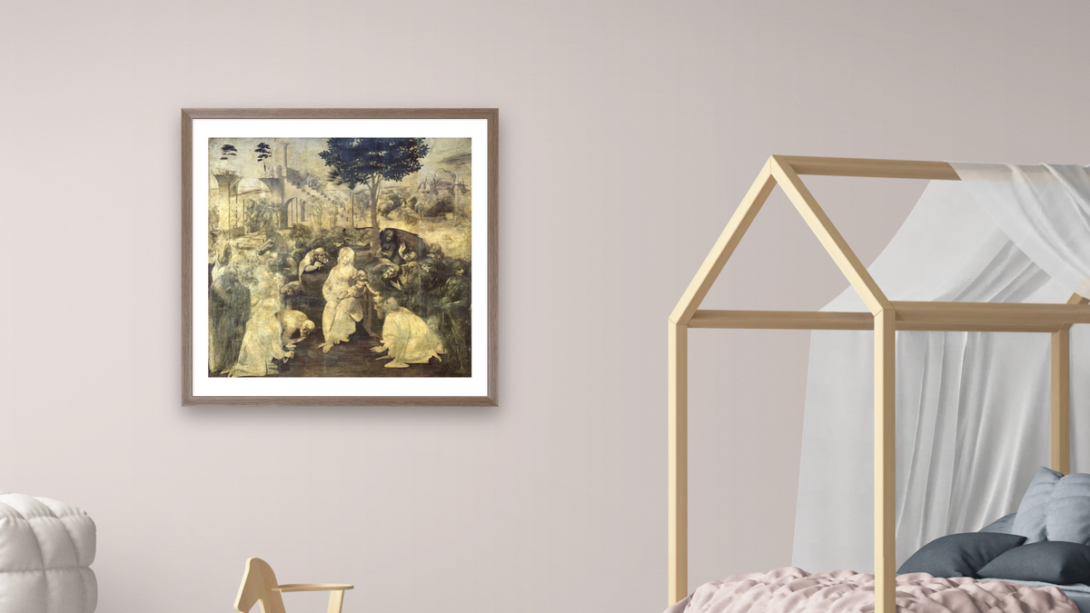 The Adoration of the Magi by Leonardo da Vinci, shown at 32 × 32 in (81.3 × 81.3 cm) in Arber Light Walnut, bedroom