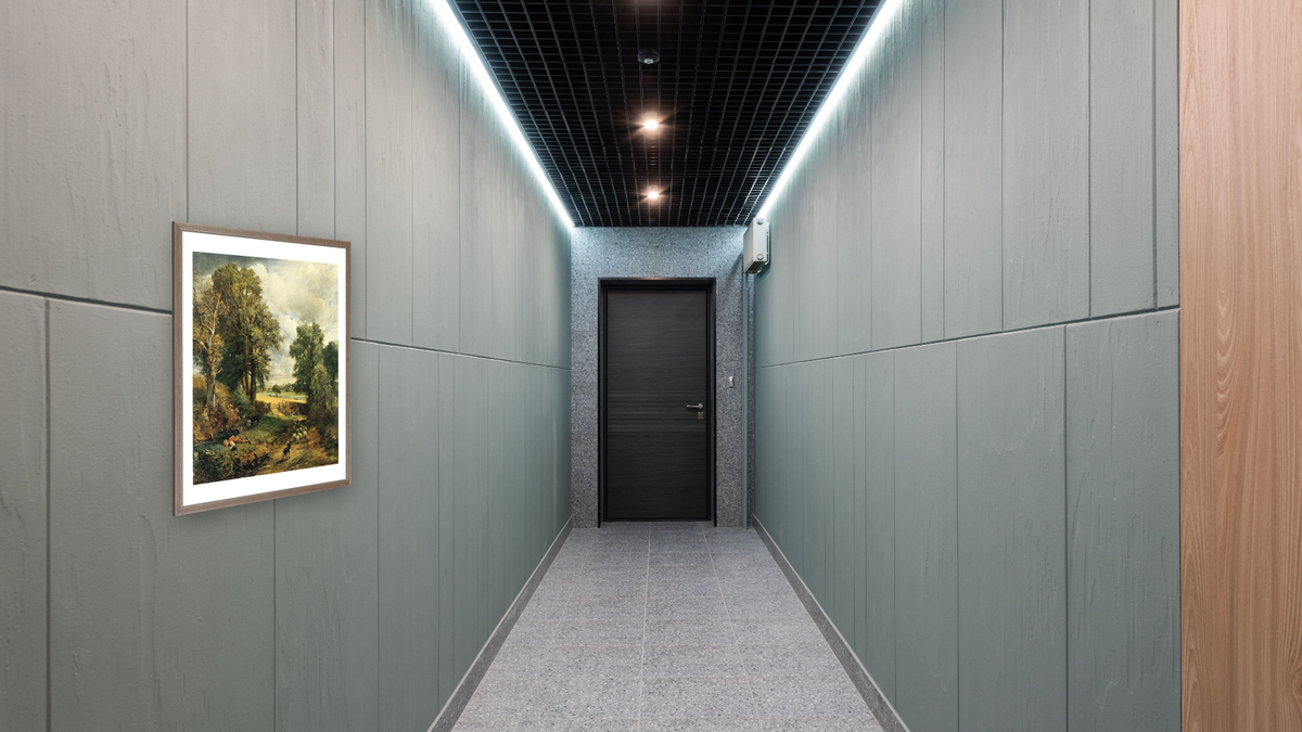 The Cornfield by John Constable, shown at 32 × 40 in (81.3 × 101.6 cm) in Arber Light Walnut, hallway