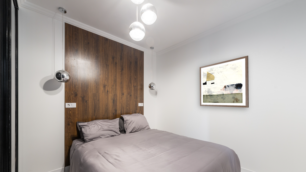 Courtyard by Dan Hobday, shown at 32 × 32 in (81.3 × 81.3 cm) in Arber Light Walnut, bedroom