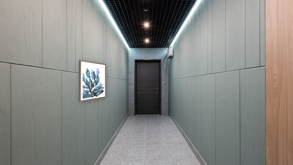 Blue Plant by Dan Hobday, shown at 30 × 42 in (76.2 × 106.7 cm) in Arber Light Walnut, hallway