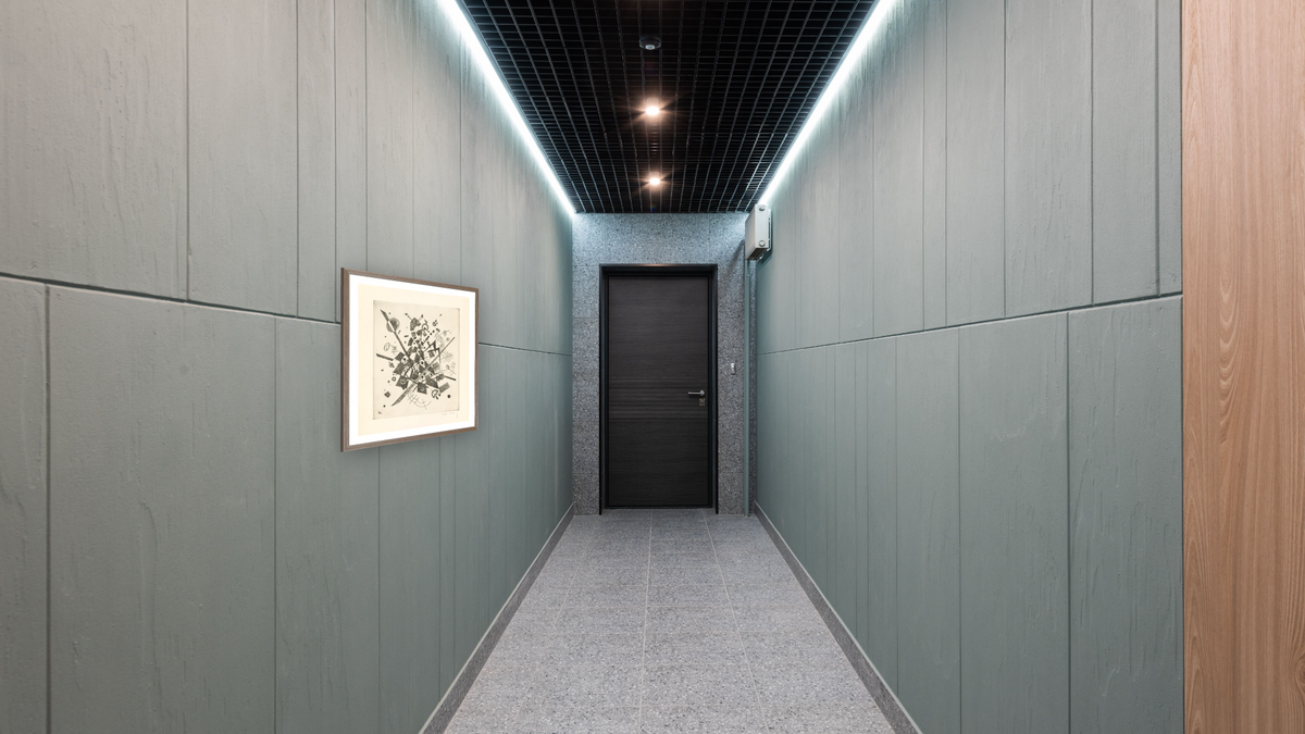 Kleine Welten IX (Small Worlds IX), from the portfolio Kleinen Welten (Small Worlds) by Wassily Kandinsky, shown at 35 × 40 in (88.9 × 101.6 cm) in Arber Light Walnut, hallway