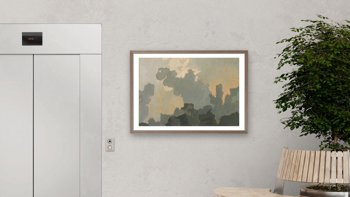 DayBreak by Augustus Vincent Tack, shown at 28 × 42 in (71.1 × 106.7 cm) in Arber Light Walnut, office