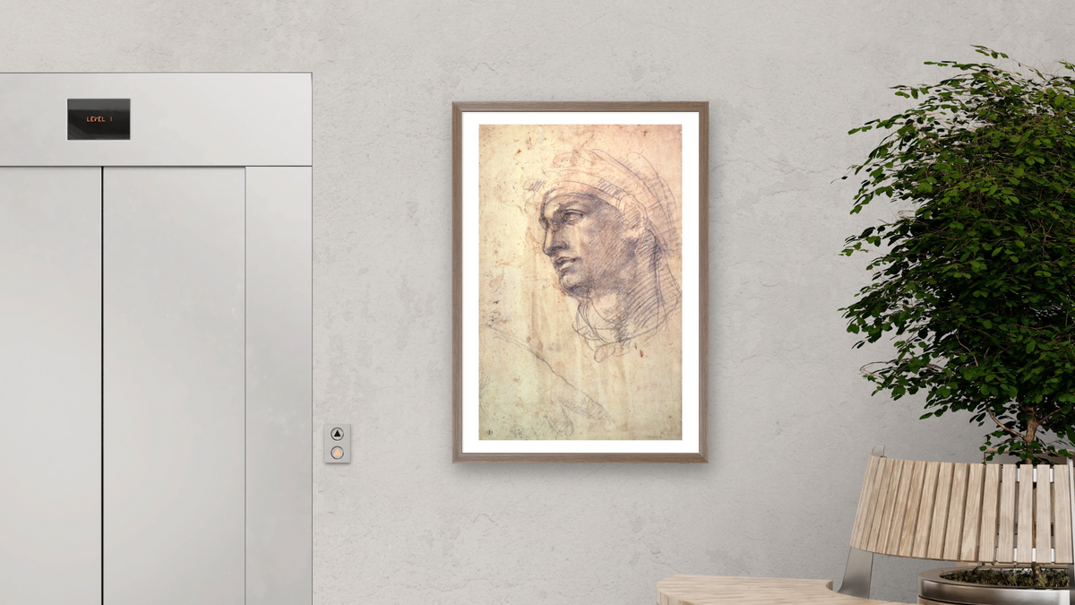 Study of a Head by Michelangelo Buonarroti, shown at 28 × 42 in (71.1 × 106.7 cm) in Arber Light Walnut, office
