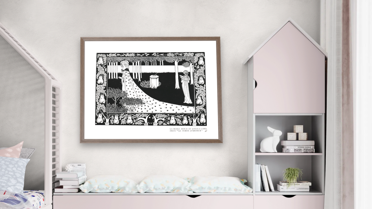 La Beale Isoud at Joyous Gard by Aubrey Vincent Beardsley, shown at 30 × 40 in (76.2 × 101.6 cm) in Arber Light Walnut, bedroom