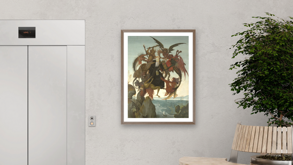 The Torment of Saint Anthony by Michelangelo Buonarroti, shown at 30 × 40 in (76.2 × 101.6 cm) in Arber Light Walnut, office