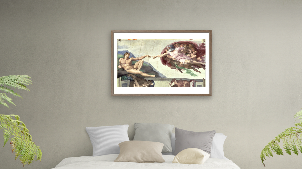 Sistine Chapel Ceiling: The Creation of Adam (post restoration) by Michelangelo Buonarroti, shown at 28 × 42 in (71.1 × 106.7 cm) in Arber Light Walnut, bedroom
