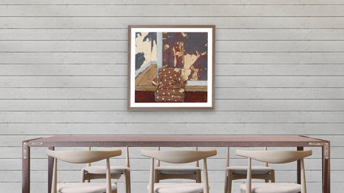 A Story to Tell by Dobee Snowber, shown at 32 × 32 in (81.3 × 81.3 cm) in Arber Light Walnut, dining [arteriel-render:v6:room_a:32x32@50,35]