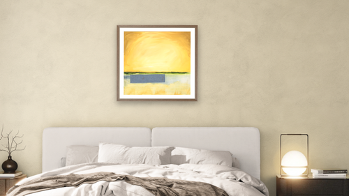 A New Day by Erin Fallon, shown at 32 × 32 in (81.3 × 81.3 cm) in Arber Light Walnut, bedroom [arteriel-render:v6:room_a:32x32@45,32]