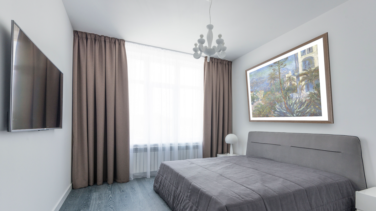 Villas at Bordighera by Claude Monet, shown at 34 × 40 in (86.4 × 101.6 cm) in Arber Light Walnut, bedroom