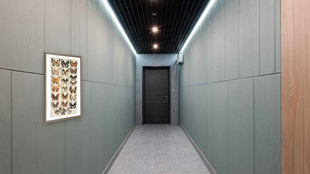 Twenty-two butterflies in three columns, all belonging to the family Nymphalidae by Marian Ellis Rowan, shown at 28 × 42 in (71.1 × 106.7 cm) in Arber Light Walnut, hallway