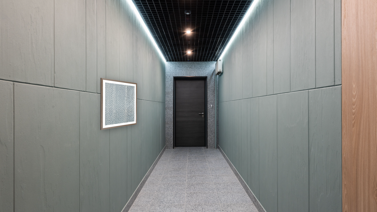 Gray Night by Alma Thomas, shown at 32 × 40 in (81.3 × 101.6 cm) in Arber Light Walnut, hallway