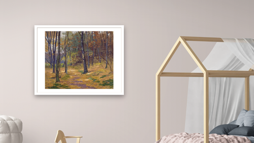 A Grey Day by Frank V. Dudley, shown at 32 × 40 in (81.3 × 101.6 cm) in Arber Light Walnut, bedroom [arteriel-render:v6:room_a:32x40@31,42]