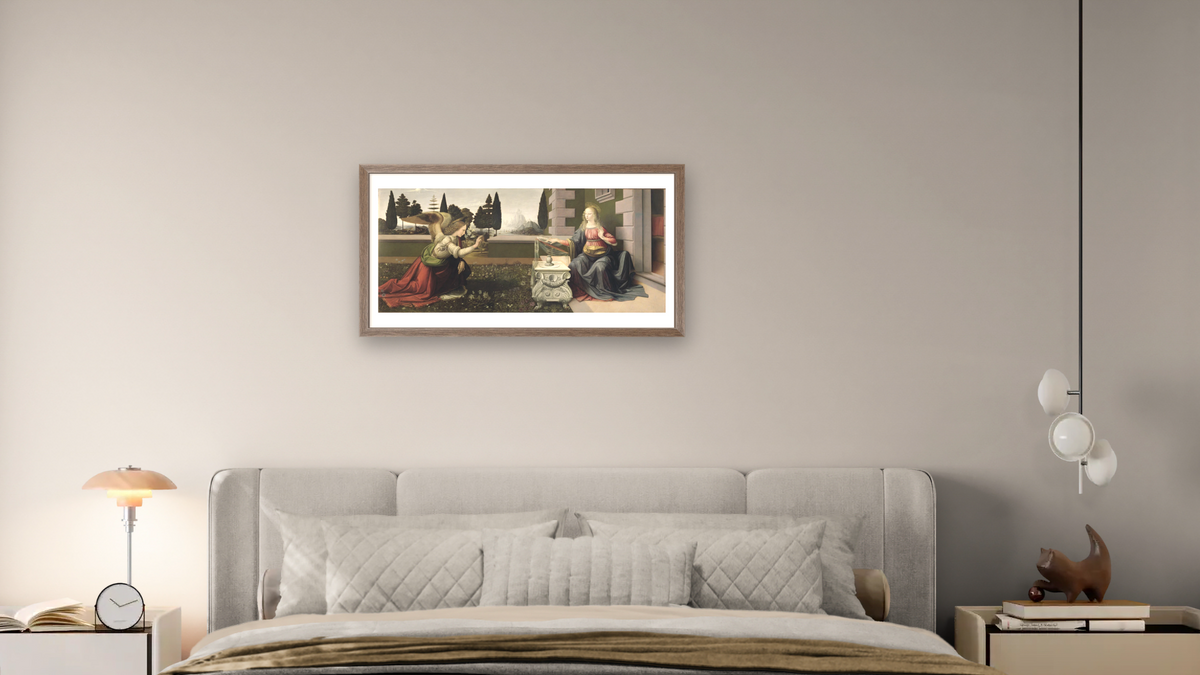 Annunciation (post-restoration) by Leonardo da Vinci, shown at 20 × 40 in (50.8 × 101.6 cm) in Arber Light Walnut, bedroom