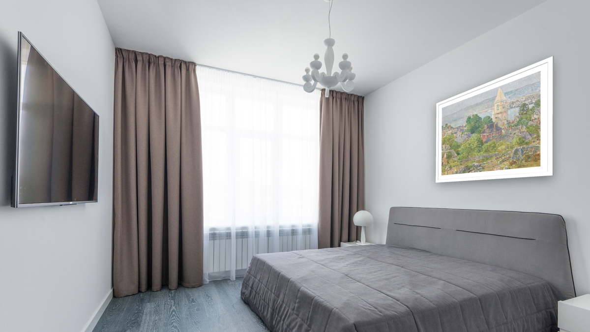 Gloucester by Childe Hassam, shown at 32 × 40 in (81.3 × 101.6 cm) in Arber Light Walnut, bedroom