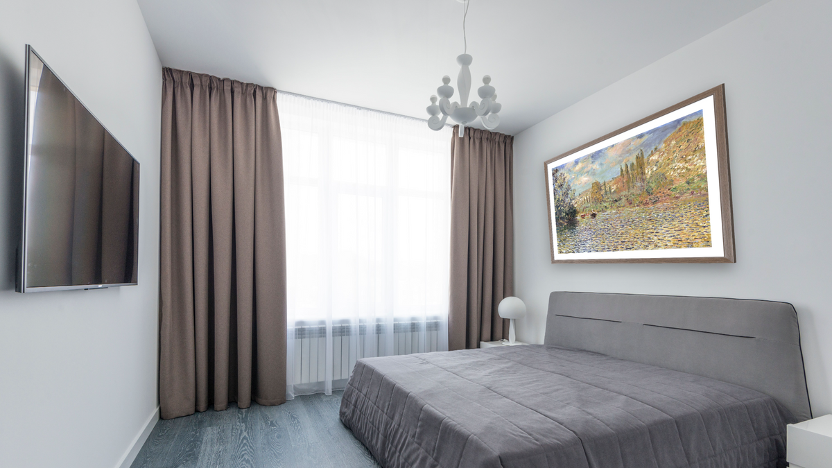 The Seine at Vetheuil by Claude Monet, shown at 30 × 40 in (76.2 × 101.6 cm) in Arber Light Walnut, bedroom