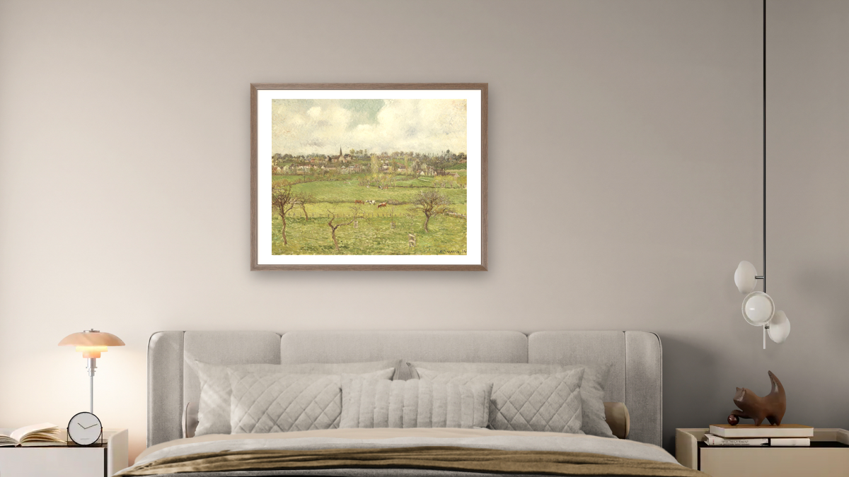 View of Bazincourt by Camille Pissarro, shown at 32 × 40 in (81.3 × 101.6 cm) in Arber Light Walnut, bedroom